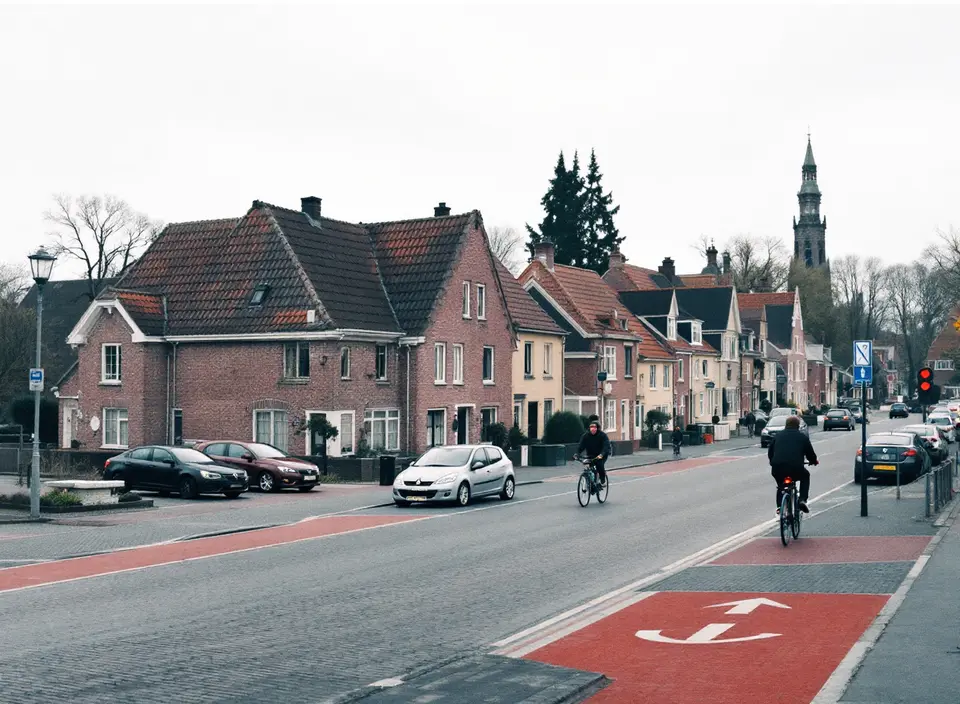 De hoofdstraat van een Vlaams grensdorp met bakstenen rijtjeshuizen, een rood fietspad en een kerktoren in de verte